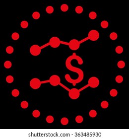 Financial Trends vector icon. Style is flat circled symbol, red color, rounded angles, black background.