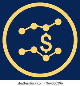 Financial Trends vector icon. Style is flat circled symbol, yellow color, rounded angles, blue background.