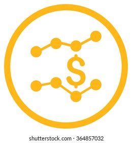 Financial Trends vector icon. Style is flat circled symbol, yellow color, rounded angles, white background.