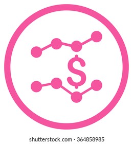 Financial Trends vector icon. Style is flat circled symbol, pink color, rounded angles, white background.