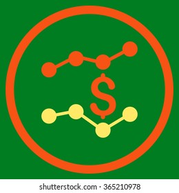 Financial Trends vector icon. Style is bicolor flat circled symbol, orange and yellow colors, rounded angles, green background.