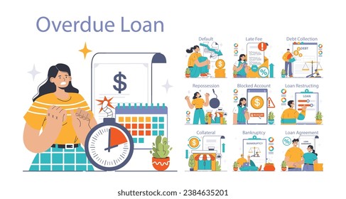 Financial Trouble set. Consequences of overdue loans explored. Default, repossession, late fees. Debt collection and bankruptcy processes. Flat vector illustration