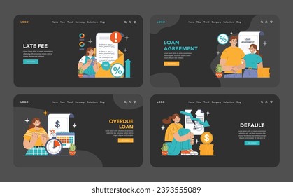 Financial Trouble set. Consequences of overdue loans explored. Default, repossession, late fees. Debt collection and bankruptcy processes. Flat vector illustration