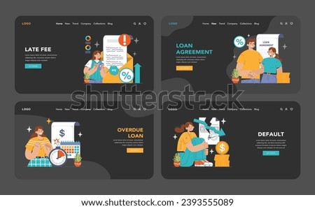 Financial Trouble set. Consequences of overdue loans explored. Default, repossession, late fees. Debt collection and bankruptcy processes. Flat vector illustration