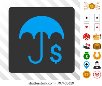 Financial Umbrella blue icon inside gray rounded square with bonus casino pictographs. Vector illustration style is flat iconic symbols. Designed for casino apps.