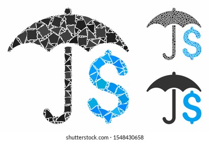 Financial umbrella composition of bumpy items in various sizes and color tints, based on financial umbrella icon. Vector abrupt items are combined into collage.