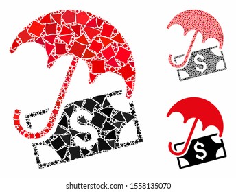 Financial umbrella composition of bumpy parts in variable sizes and color hues, based on financial umbrella icon. Vector unequal parts are grouped into composition.