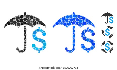 Financial umbrella composition of small circles in various sizes and color tinges, based on financial umbrella icon. Vector random circles are composed into blue composition.