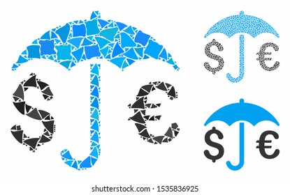 Financial umbrella mosaic of abrupt elements in different sizes and color tints, based on financial umbrella icon. Vector abrupt elements are composed into collage.