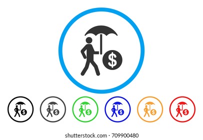 Financial Umbrella Protection rounded icon. Vector illustration style is a gray flat iconic financial umbrella protection symbol inside a circle. Additional color versions are black, grey, green,