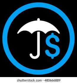 Financial Umbrella rounded icon. Vector illustration style is flat iconic bicolor symbol, blue and white colors, black background.