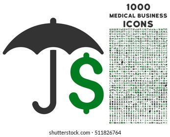 Financial Umbrella vector bicolor icon with 1000 medical business icons. Set style is flat pictograms, green and gray colors, white background.