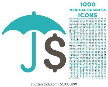 Financial Umbrella vector bicolor icon with 1000 medical business icons. Set style is flat pictograms, grey and cyan colors, white background.