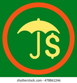 Financial Umbrella vector bicolor rounded icon. Image style is a flat icon symbol inside a circle, orange and yellow colors, green background.