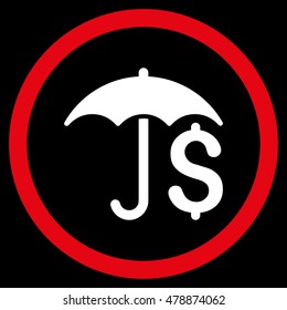 Financial Umbrella vector bicolor rounded icon. Image style is a flat icon symbol inside a circle, red and white colors, black background.
