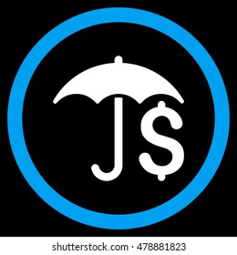 Financial Umbrella vector bicolor rounded icon. Image style is a flat icon symbol inside a circle, blue and white colors, black background.