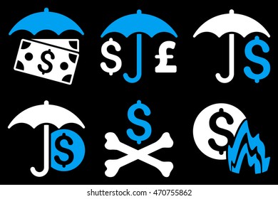 Financial Umbrella vector icons. Pictogram style is bicolor blue and white flat icons with rounded angles on a black background.