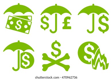 Financial Umbrella vector icons. Pictogram style is eco green flat icons with rounded angles on a white background.