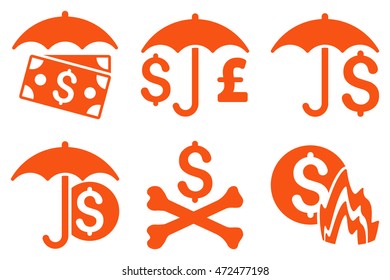 Financial Umbrella vector icons. Pictogram style is orange flat icons with rounded angles on a white background.