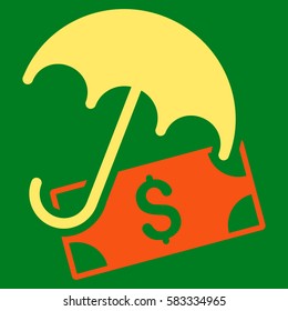 Financial Umbrella vector pictograph. Illustration style is a flat iconic bicolor orange and yellow symbol on green background.