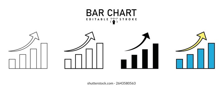 Financial upward growth arrow chart icon, business success growth and profit icon, bar chart with arrow, Various Styles vector illustration, filled, outline, line and stroke style used for web,