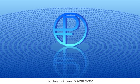 Financial vector digital symbol of Russian Federation currency, ruble. 3d economic sign with a mirror reflection on a blue background. Virtual space.