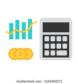 icono del vector financiero con diagrama, gráfico, calculadora y moneda en dólares