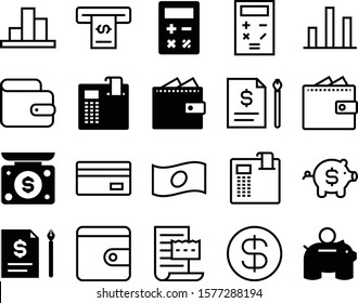 financial vector icon set such as: display, earn, sales, data, earnings, debit, information, return, report, circle, correspondence, weigh, service, safe, application, atm, document, statistic