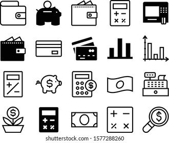 financial vector icon set such as: silhouette, contour, moneybox, safe, register, withdraw, security, researcher, tree, infographic, budget, transaction, find, saving, internet, checkout, bookkeeping
