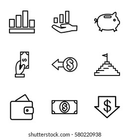 financial vector icons. Set of 9 financial outline icons such as wallet, dollar down, Payment, money dollar, graph on hand, pyramid flag, money box, coin
