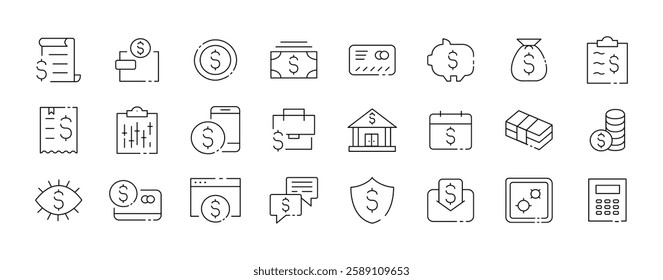 Financial vector icons set featuring banking and currency symbols.