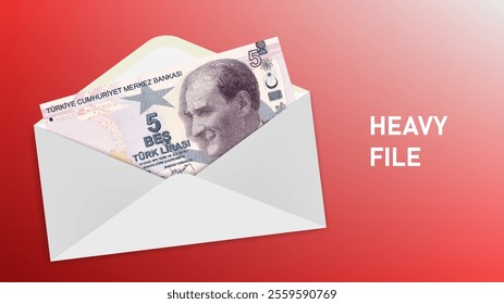 Financial vector illustration. Paper mail envelope with money inside. Obverse of pixel mosaic banknote of Turkey, denomination of 5 lira. Cash of Turkish republic.