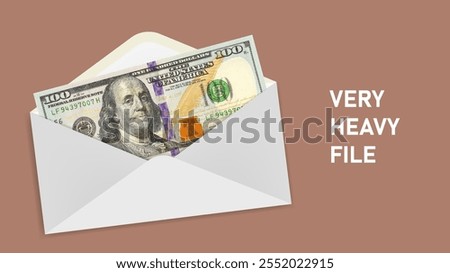 Financial vector illustration. Paper mail envelope with money inside. Pixel mosaic banknote of USA, denomination of 100 dollars. Cash of United States of America.