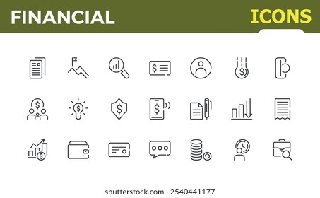 Financial vector line icon set. Includes thin line commerce, profit, financial, income, investment, wallet and more. Minimalist isolated icon designs. Vector icons editable stroke.