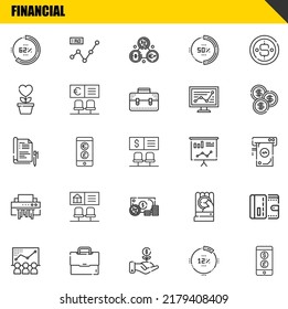 financial vector line icons set. percentage, chart and report Icons. Thin line design. Modern outline graphic elements, simple stroke symbols stock illustration