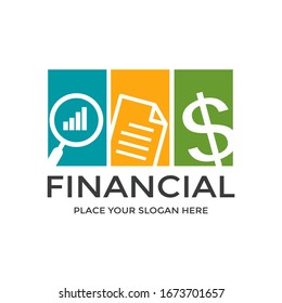 Financial vector logo template. This design use magnifying glass, paper and dollar symbol. Suitable for business.