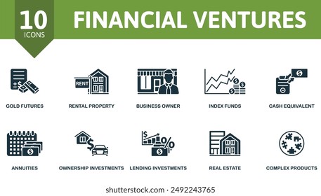 Symbol für Financial Ventures gesetzt. Goldfutures, Mietobjekte, Business Eigentümer, Indexfonds, Barmittel, Annuitäten, Eigentumsanteile, Kreditinvestitionen, Immobilien, Icons für komplexe Produkt.