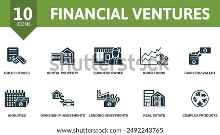 Financial Ventures icon set. Gold Futures, Rental Property, Business Owner, Index Funds, Cash Equivalent, Annuities, Ownership Investments, Lending Investments, Real Estate, Complex Products icons.