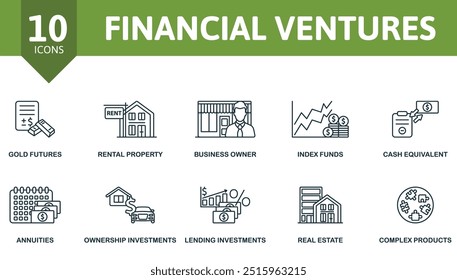 Conjunto de ícones de linha fina Financial Ventures. Futuros de Ouro, Propriedade de Aluguer, Proprietário de Negócio, Fundos de Índice, Equivalente de Caixa, Anuidades, Investimentos de Propriedade, Investimentos de Empréstimo, Imobiliário, Produtos Complexos