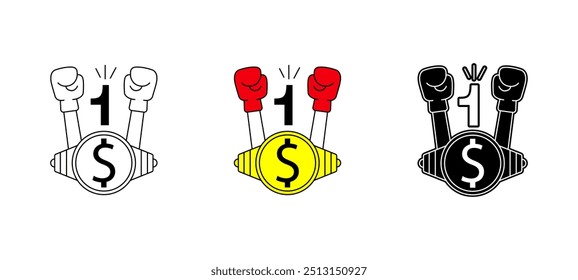 Cinturón de victoria financiera Trofeo de campeón de moneda de oro con el símbolo de éxito de inversión y gestión de patrimonio de la corona número uno para finanzas personales Triunfo, diseño plano, Ilustración vectorial, icono de silueta