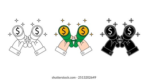 Financial Vision and Planning Vector Illustration of Hand Holding Binoculars with Coin Symbol Lens, Representing Wealth, Future Success, and Strategic Financial Growth, flat design, silhouette icon