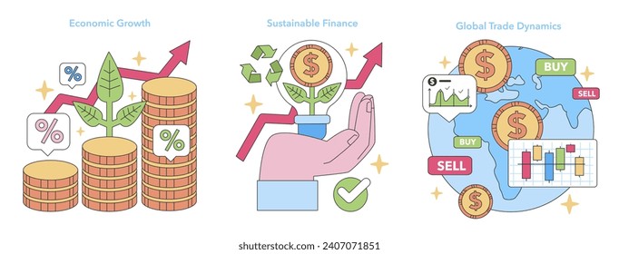 Financial Visions set. Depicts economic growth, sustainable finance, and global trade. Interconnectivity of money, environment, and markets. Flat vector illustration.