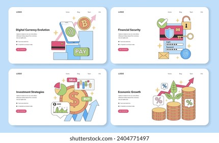 Financial visions web or landing. Exploring digital currency, securing finances, investment options, economic advancement. Flat vector illustration.
