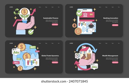 Financial visions web or landing. Showcases green investing, tech banking, world commerce, and asset allocation. Future of finance visualized. Flat vector illustration.