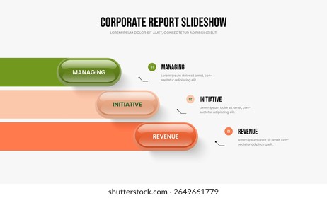 Financial Visualization 3 Step Diagram Frame Design. Advertising Report Slide Template Vector Illustration. Professional Profile Three Element Infographic Slideshow Layout.