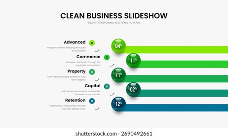 Financial Visualization Frame Layout Vector Illustration. Minimalist Briefing Five Step Infographic Slide Design. Creative Planning 5 Element Graph Presentation Template.