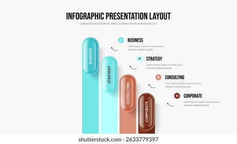 Financial Visualization Slideshow Layout Vector Illustration. Corporate Profile 4 Step Infographic Slide Design. Sales Analysis Four Option Diagram Frame Template.