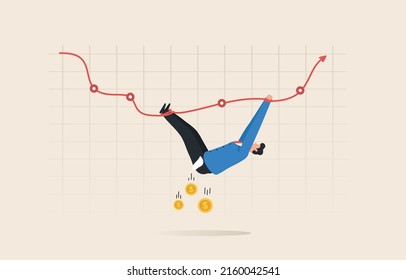 Financial Volatility, financial crisis, stock market. Falling Red Arrow Chart. The business man was wrapped his body tightly by the red arrow that fall down from the chart of stock market.