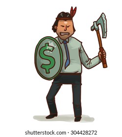 Financial warrior with axe and dollar shield, vector