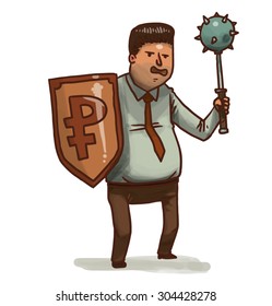 Financial warrior with mace and ruble shield, vector